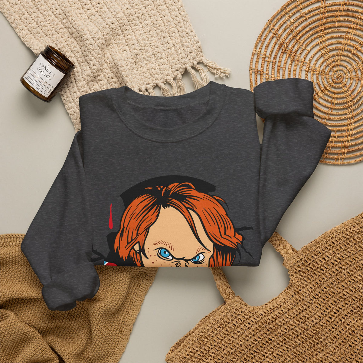 Chucky Cartoon Crewneck Sweatshirt — Horror Movie Killer Doll Graphic