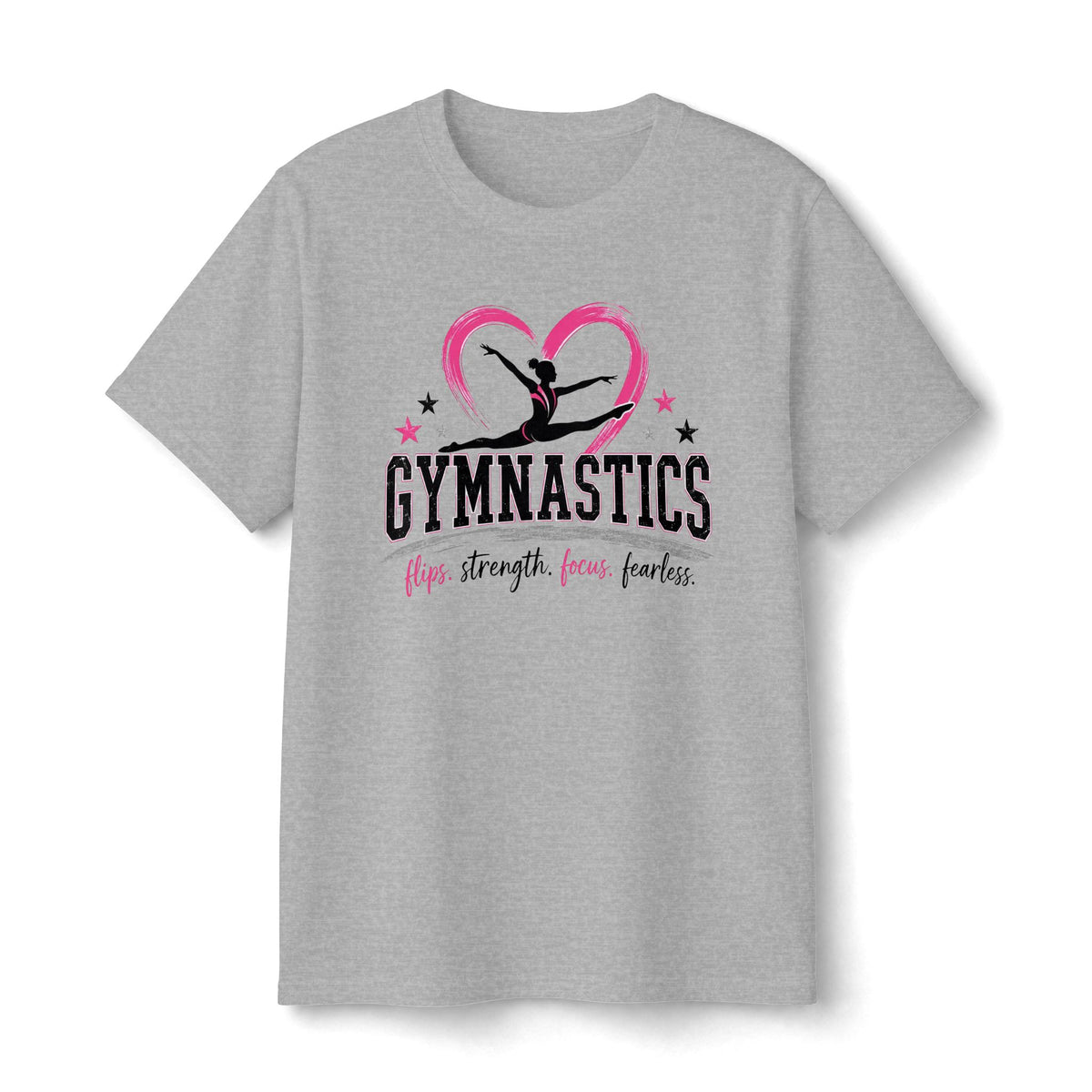 Gymnastics Youth Tee — "Gymnastics" Heart Silhouette Shirt (Flips, Strength, Focus, Fearless)