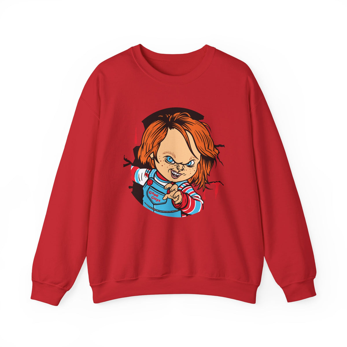 Chucky Cartoon Crewneck Sweatshirt — Horror Movie Killer Doll Graphic