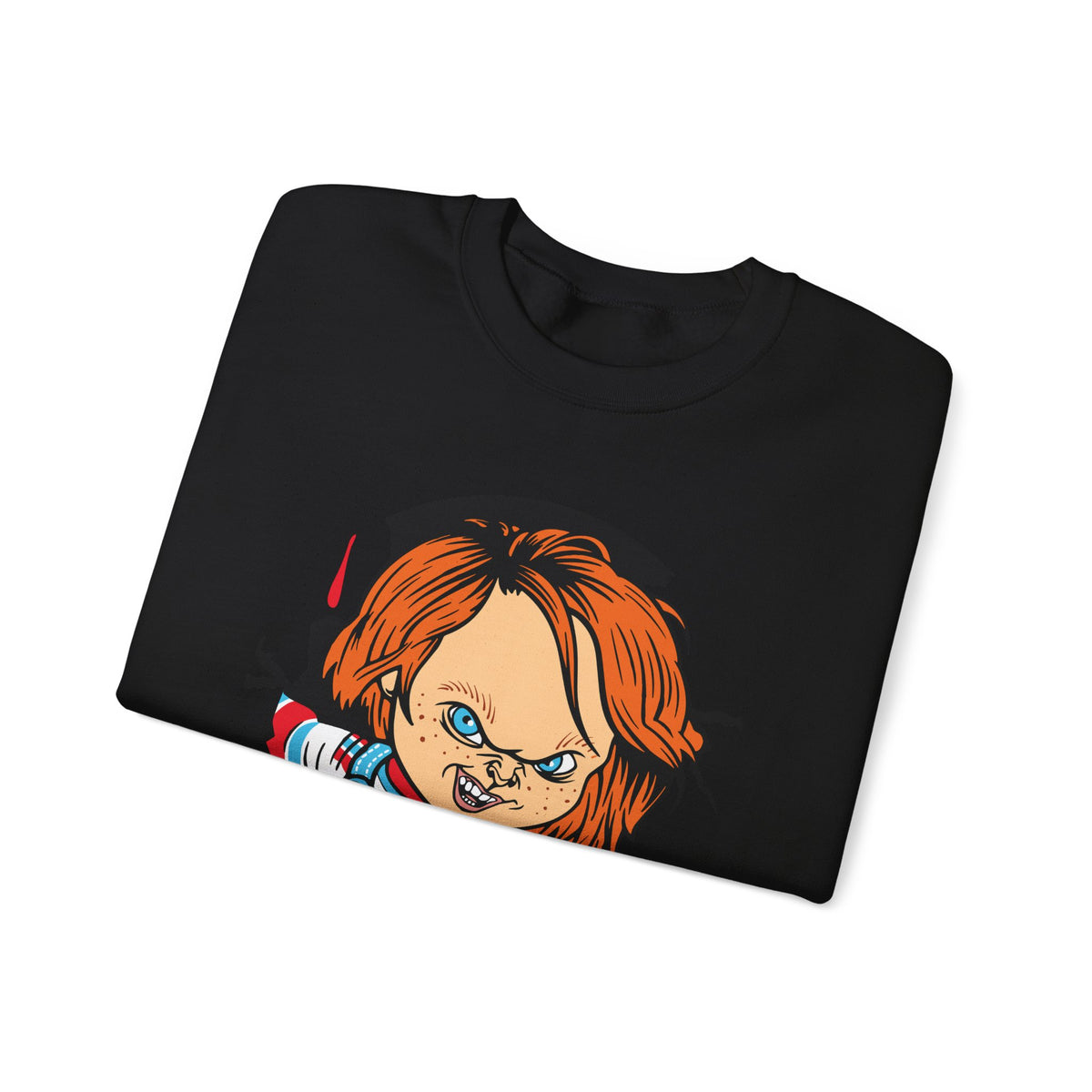 Chucky Cartoon Crewneck Sweatshirt — Horror Movie Killer Doll Graphic