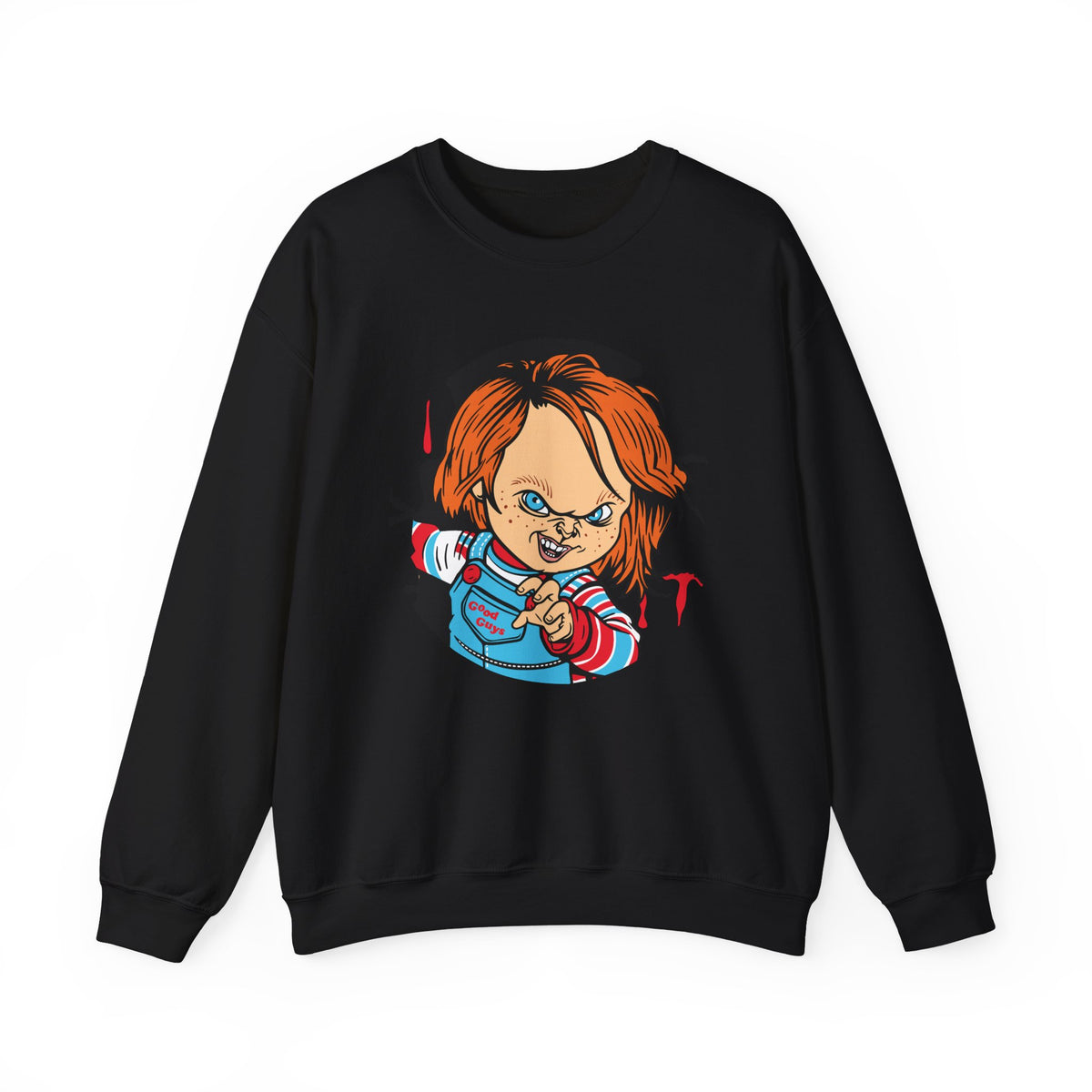 Chucky Cartoon Crewneck Sweatshirt — Horror Movie Killer Doll Graphic