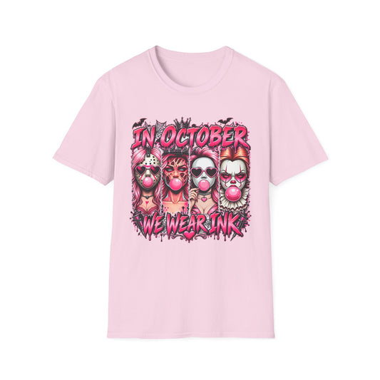 "In October We Wear Ink" Pink Gothic Clown Tattoo Art TShirt
