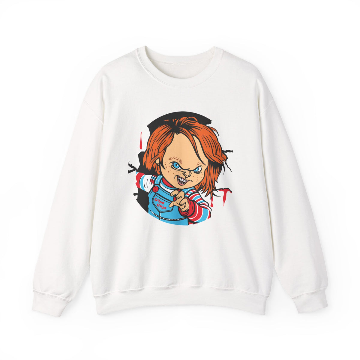 Chucky Cartoon Crewneck Sweatshirt — Horror Movie Killer Doll Graphic