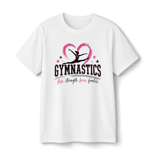 Gymnastics Youth Tee — "Gymnastics" Heart Silhouette Shirt (Flips, Strength, Focus, Fearless)