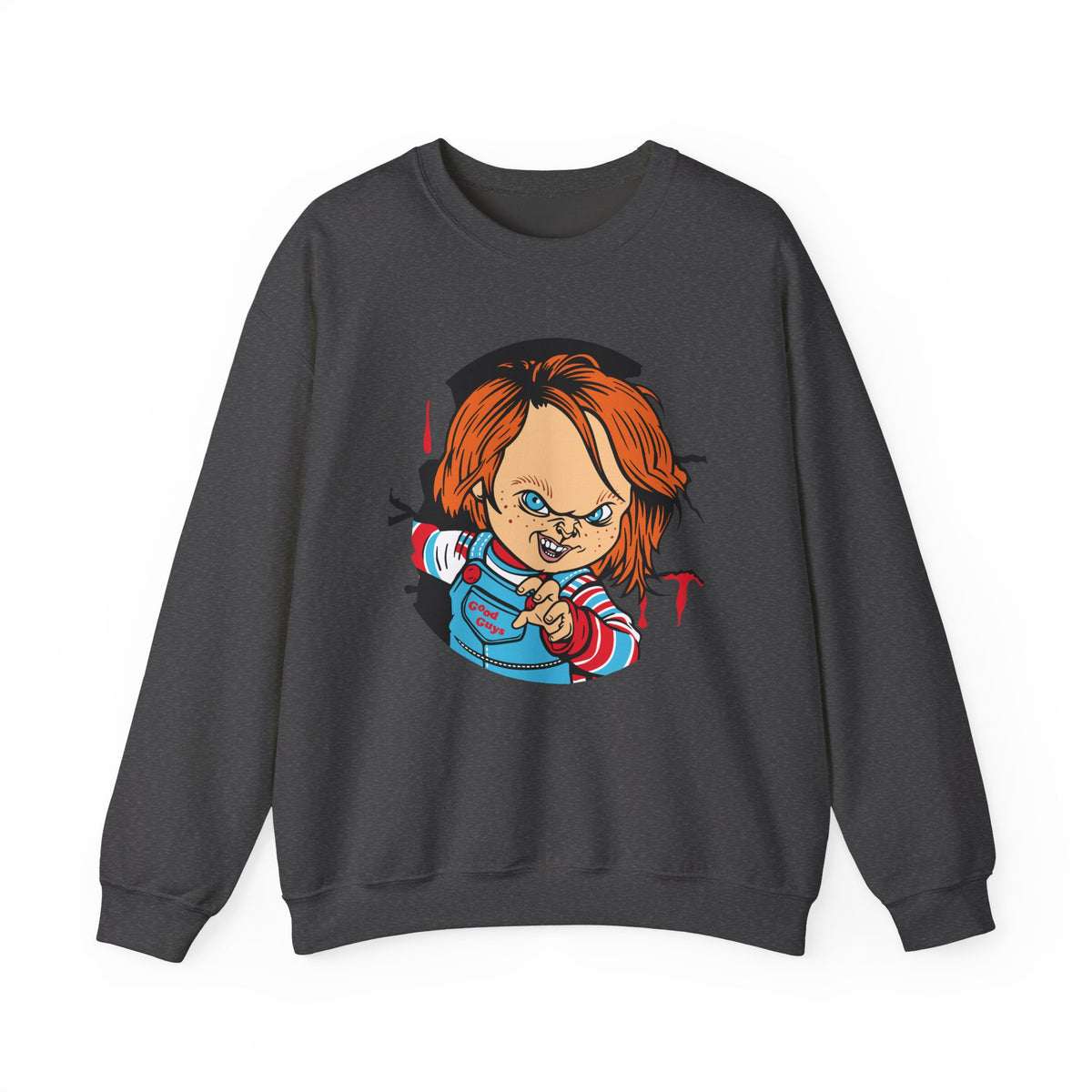 Chucky Cartoon Crewneck Sweatshirt — Horror Movie Killer Doll Graphic