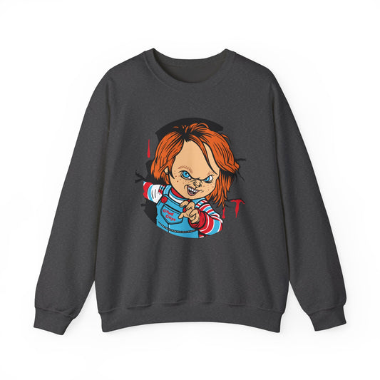 Chucky Cartoon Crewneck Sweatshirt — Horror Movie Killer Doll Graphic