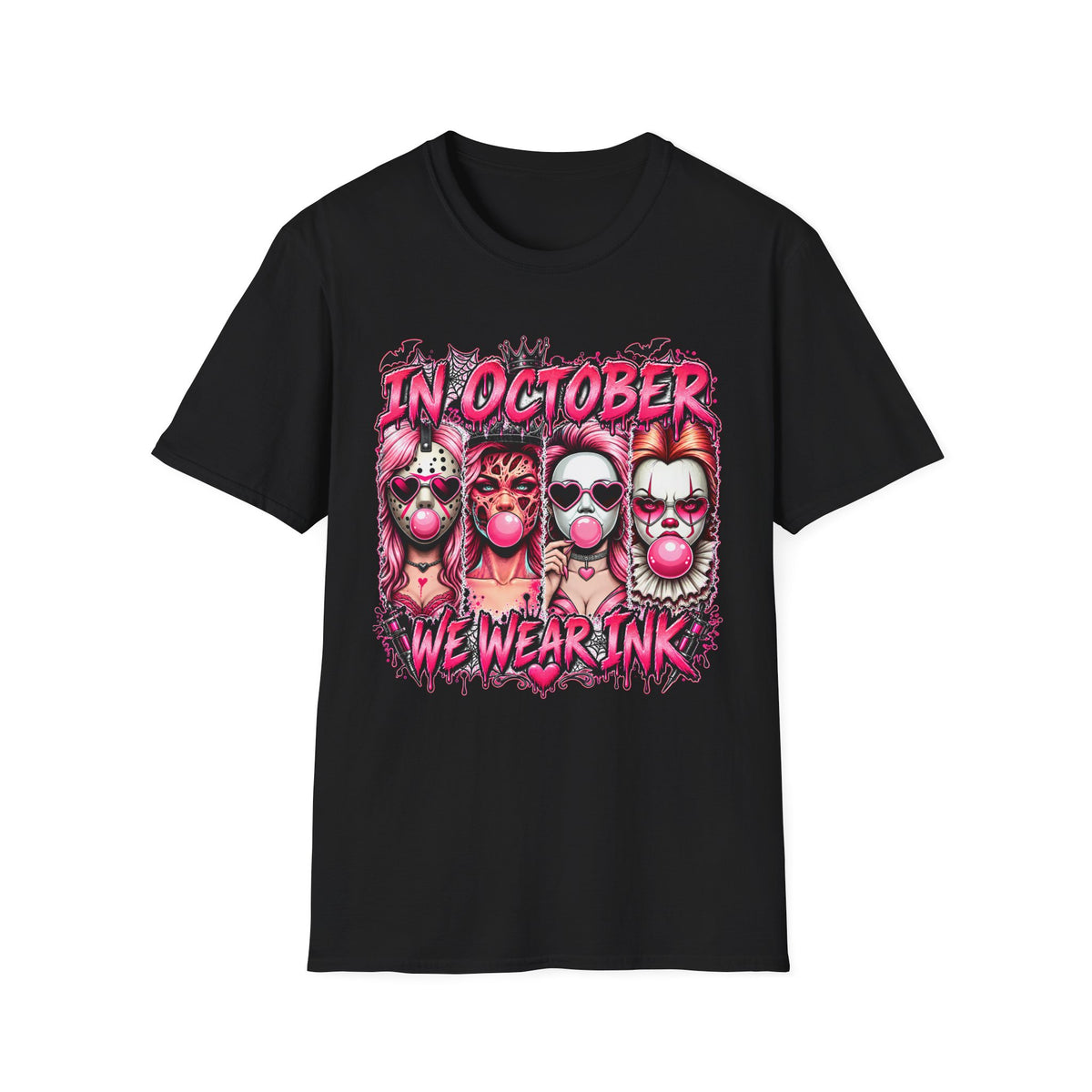 "In October We Wear Ink" Pink Gothic Clown Tattoo Art TShirt